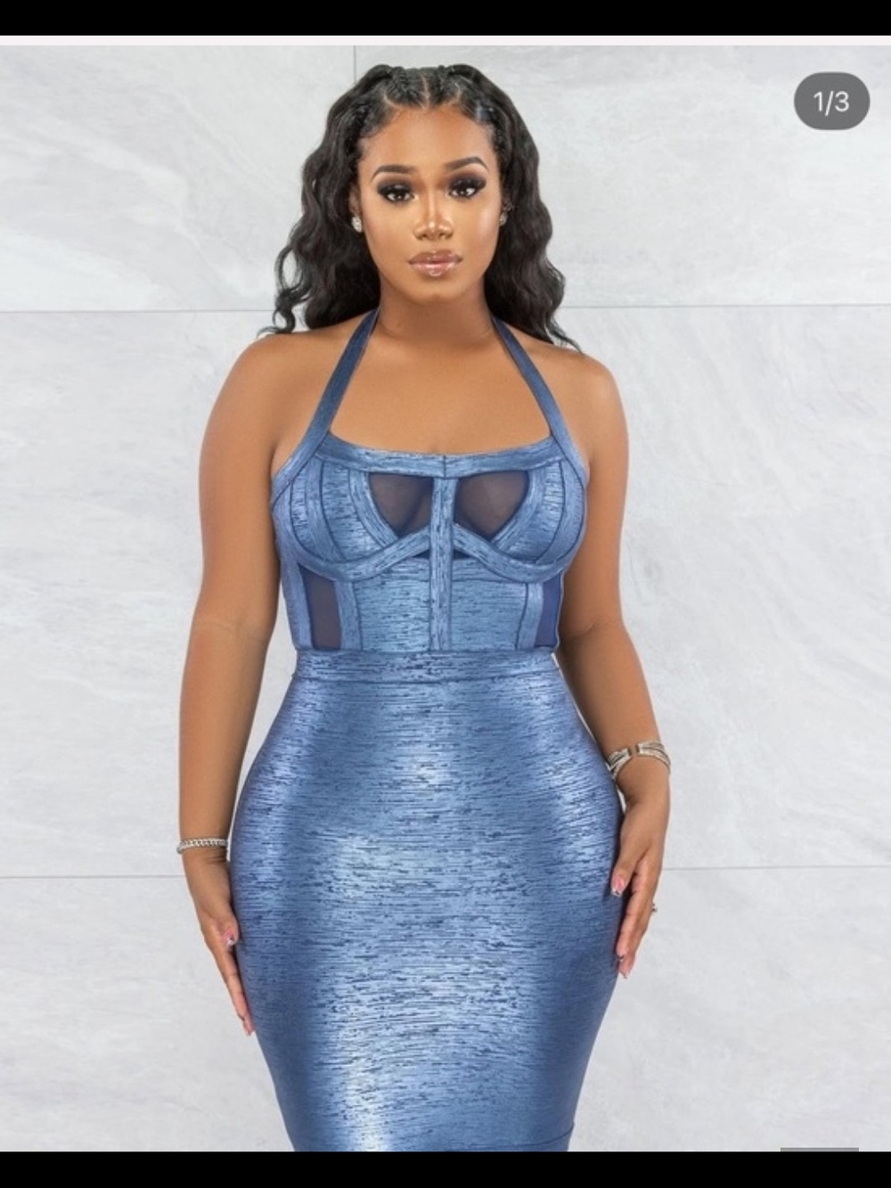 Halter Metallic Blue Bodycon Dress